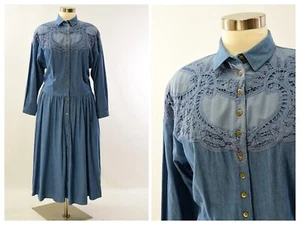 90s Vintage Denim Drop Waist Shirt Dress Tonal Lace Overlay Womens XL Together - Picture 1 of 7