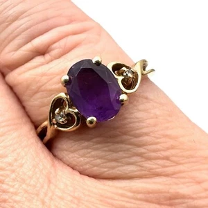 10K Gold Purple Amethyst White Sapphire Heart Ring Size 8 Gift for Girlfriend - Picture 1 of 6