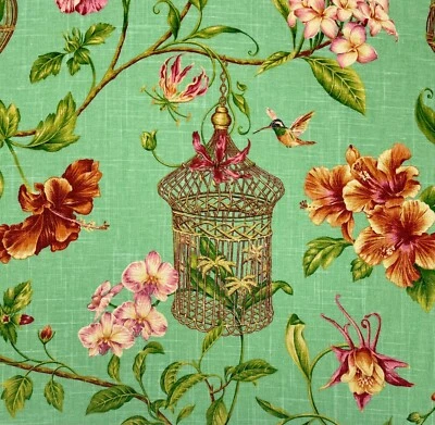 COVINGTON KAUAI SEASPRAY GREEN HUMMINGBIRD BIRDCAGE LINEN FABRIC BY YARD 54"W - Image 1 of 4