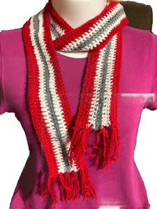 Red UNISEX MENS crochet KNIT handmade scarf Gray White FRINGE Neckwarmer - Picture 1 of 7