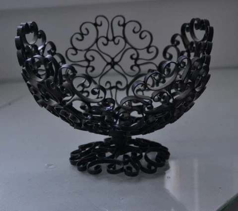 Vintage Spain Wrought Iron Scroll Design Black Metal Fruit Bowl Footed Basket Cover