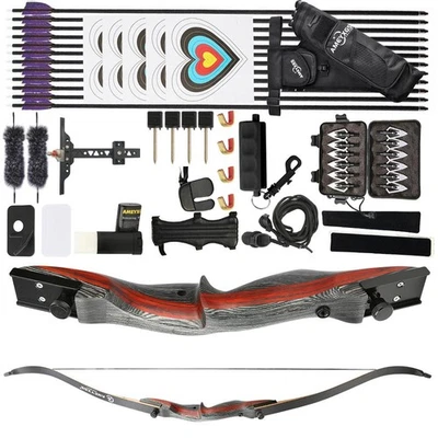 62" Takedown Recurve Bow 20-50lbs Wooden Carbon Arrows Archery Hunting Shooting - Image 1 of 4