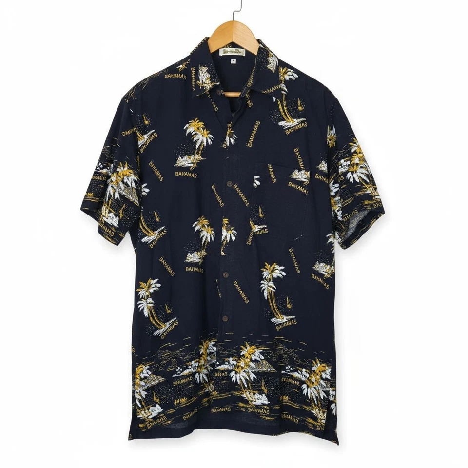 Shoreline Bahamas Shirt Men’s M Blue Hawaiian Button Up 100% Cotton Palm Trees - Image 1 of 4