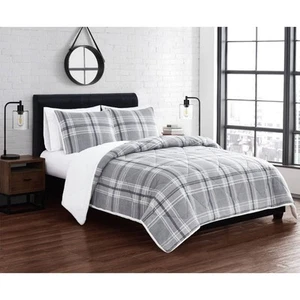3pc King Cozy Teddy Plaid Comforter Set Gray/Cream - Cannon - Picture 1 of 5