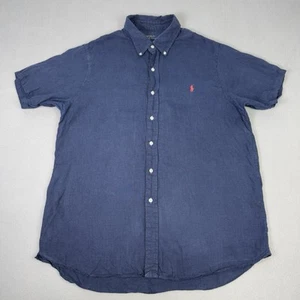 Polo Ralph Lauren Shirt Mens XXL Navy Blue Short Sleeve Button Down 100% Linen - Picture 1 of 10