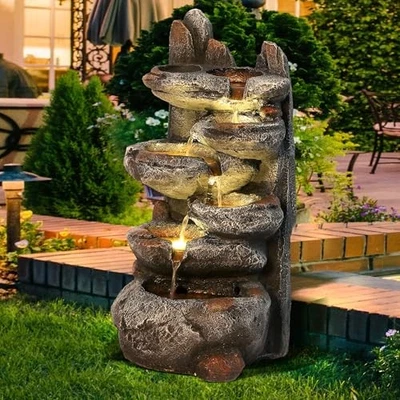 6-Tier Cascading Rock Water Fountain,27" H Outdoor Freestanding Rockery Fountain - Image 1 of 4