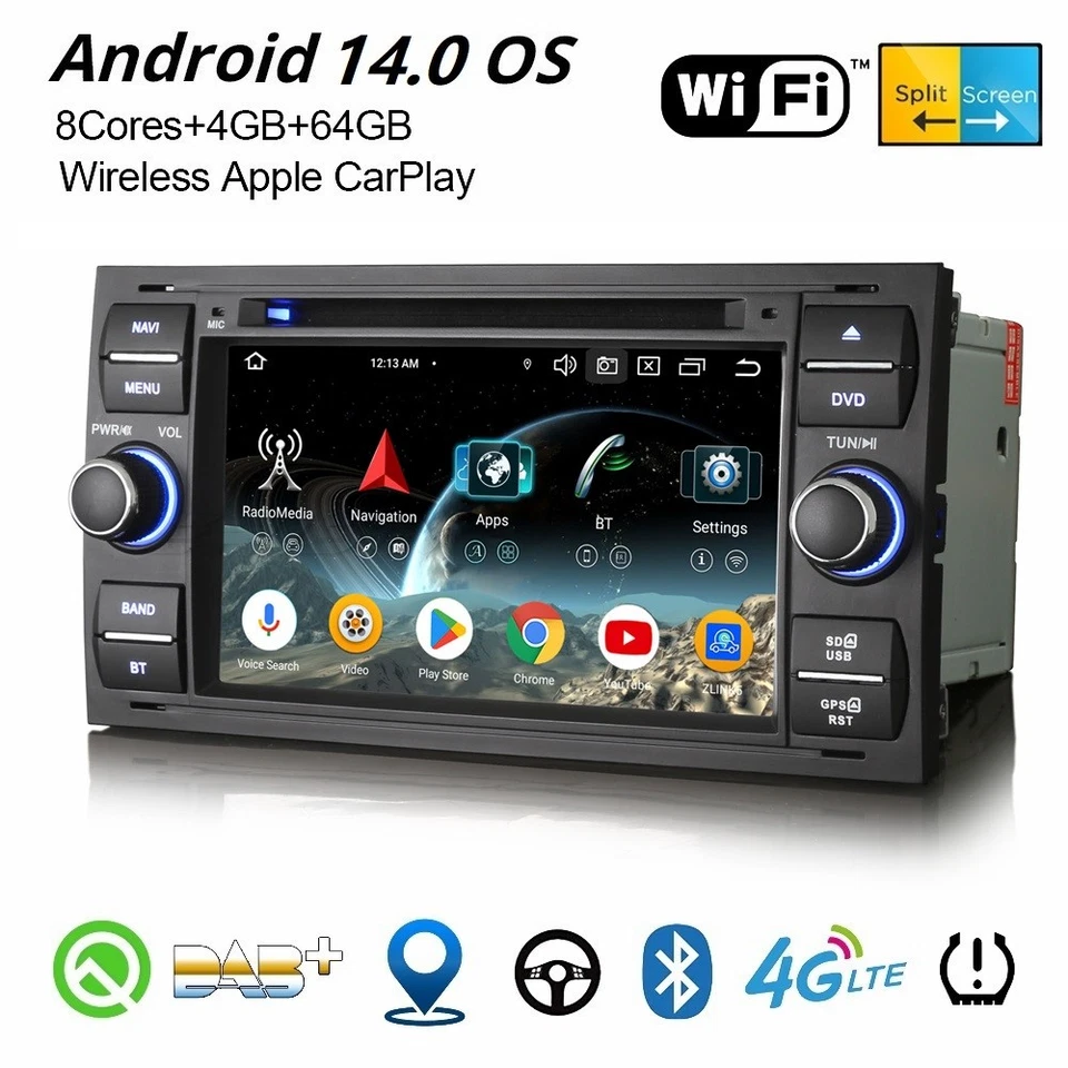 8-Kern Android 14 DAB+ Autoradio 64GB Navi CarPlay Ford Focus Kuga S-Max Transit - Bild 1 von 4