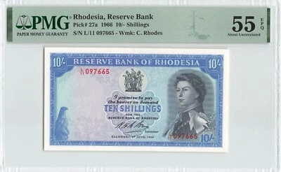 RHODESIA 10 Shillings 1966, P-27a, PMG 55 EPQ About UNC, QEII, Excellent Grade. - Image 1 of 2