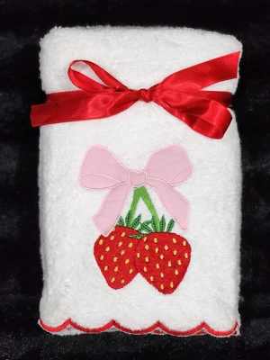 Strawberries w Pastel Pink Bow on White Hand Towels 2pc Coquette Scalloped Edge - Image 1 of 4