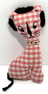 Vintage Tiger Cat Plush Kitty Pink Check Embroidered Handmade Stuffed Animals 8" - Picture 1 of 19