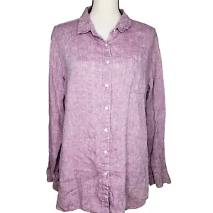 L.L. Camicia Bean con bottoni donna XL viola 100% lino tasca L/S top orlo tondo - Foto 1 di 6