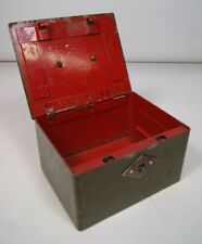 Antique Metal Strong Box Safe Army Green Outside / Red Inside / No Key 