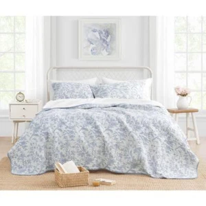 Laura Ashley Quilt Set 90" x 90" Cotton Full/Queen Polyester Floral Blue 3-Piece - Picture 1 of 11
