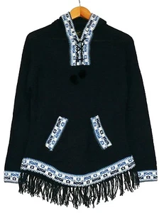 Jersey con flecos, azul oscuro talla L, XL 2XL lana de alpaca capucha patrón inca Perú - Imagen 1 de 8