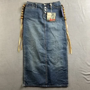 Squeeze Stephen Hardy Denim Skirt 3 Blue Jean Long Slit Leather Belt Fringe NEW - Picture 1 of 14
