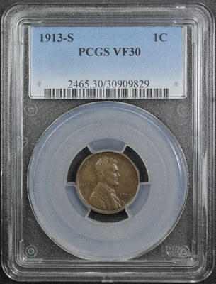 1913 S Lincoln Wheat Copper Cent 1C PCGS VF 30 - Image 1 of 4