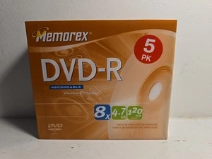 Memorex 5 Pack DVD+R With Cases 8X 4.7GB Media Recordable 120 Min. - New Sealed - Picture 1 of 4