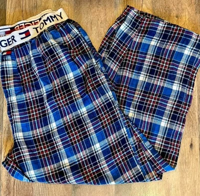 复古 Tommy Hilfiger 睡衣裤格子蓝色红色中号 100% 棉男女通用 — 第 1/4 张图片