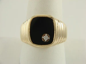 Vintage Men's 14K Yellow Gold Inlaid Black Onyx and Diamond Solid Back Ring - Picture 1 of 12