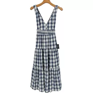 Lulu's Surely Charmed Navy Blue Plaid Tiered Backless Midi Dress Size M - Picture 1 of 11