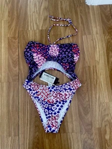 BNWTS. TRENDYOL. SIZE 8. MULTI COLOUR FLORAL, CUT OUT, BANDEAU/HALTER SWIMSUIT - Picture 1 of 17