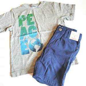 Gymboree Boys sz 5 Surf Rocks Peace on Earth Tee Straight Fit Denim Shorts NWT - Picture 1 of 2