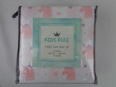 Kids Rule 3 Piece Twin Sheet Set Girls Unicorn Pink White NEW NIP Polyester - Image 1 of 3