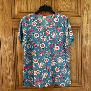 Dickies Scrub Top Breast Cancer Ribbon Cross Body V neck Tie Blue Pink - Picture 1 of 2