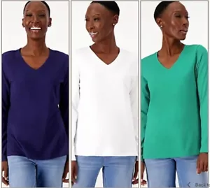 Denim & Co. Essentials 3er Pack Perfect Jersey Long Slv V-Neck Tops 1X A516665 - Bild 1 von 4