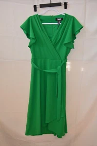 Abito donna DKNY stile avvolgente manica con volant zip posteriore autocravatta verde taglia 12 nuovo con etichette - Foto 1 di 5