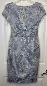 Woman THEIA COUTURE Silver Gray Metallic Brocade Cap Sleeve Cocktail Dress Sz 4 - Picture 1 of 4