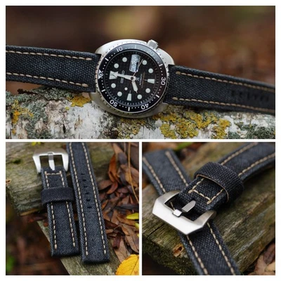 Correa de reloj de lona hecha a mano resistente negra envejecida de 22 mm *Listo para usar *Pagado en EE. UU. Foto 1 de 4