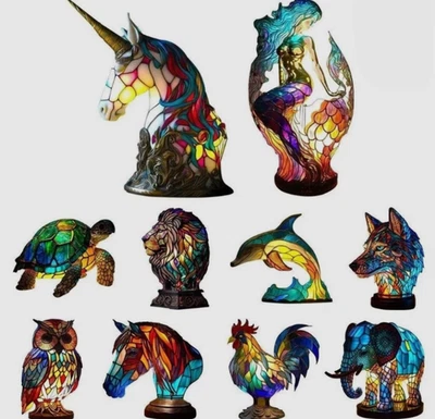 Stained Glass Lamp Tier Tischlampe Serie Gebeizt Harz Nachtlicht Home Ornament - Bild 1 von 4