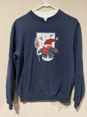 Baxter Wells 圣诞运动衫女式小号复古蓝色雪人  — 第 1/4 张图片