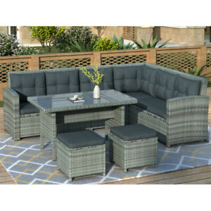 6-Piece Outdoor Patio Furniture Set Sectional Sofa with Glass Table