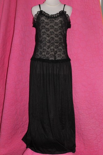 UNDERCOVER WEAR camicia da notte lunga nera pizzo e volant top spalline taglia L nylon vintage