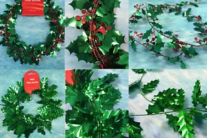 2PK 13ft Christmas Holly or Large Leaf Garlands Tree Decorations 26ft/8m Total - Picture 1 of 7