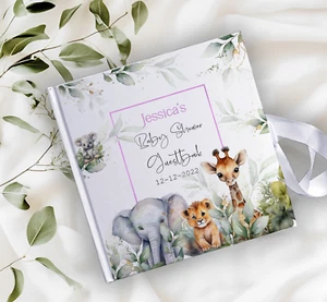 PERSONALISED SAFARI BABY SHOWER HARD COVER GUEST BOOK / SCRAPBOOK MEMORY ALBUM - Picture 1 of 4