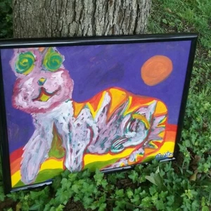 Original Folk Art Painting Purple Cheshire Cat Psychedelic Jazz Asheville - Picture 1 of 3