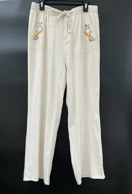 Linen Blend Pants Sz L Ivory Embroidered Straight Leg Elastic Waist Boho Resort - Image 1 of 4