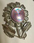 Vintage Flower Brooch Jewelarama with Pink Center Silver Tone Leaves 1.80"X 1.5"