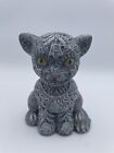 Ceramic Kitty Cat Signed Joan West Majolica Style Gray Silver Lace Look 5.5&quot;