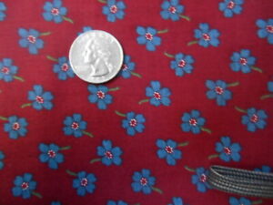 Vintage BLUE FLORAL on MAROON BARN RED Cotton Quilt Fabric Peter Pan 2.25 Yards