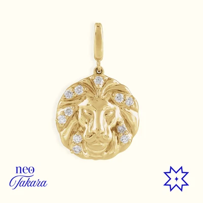 Кулон с подвеской в виде льва из чистого желтого золота 14 карат и натуральным бриллиантом общим весом 1/5 карата унисекс - Изображение 1 из 4