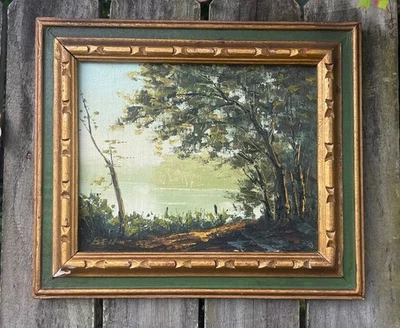 Оригинальная винтажная картина маслом в рамке 9x11 подпись BEN природа и деревья импрессионизм - Изображение 1 из 4