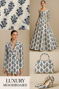 TENCEL Twill elfenbein mit marineblauem Blumenmotiv bedruckter Stoff ~ 58 Zoll breit [17293] - Bild 1 von 6