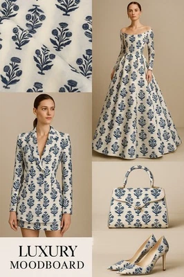 Tela estampada TENCEL sarga marfil con motivo de flor azul marino ~ 58 pulgadas de ancho [17293] Foto 1 de 4