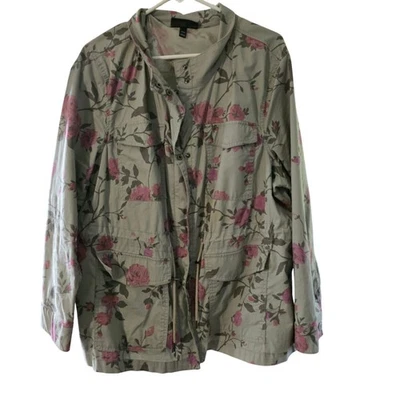 Lane Bryant Floral Utility Jacket Women 18/20 Pink Roses Green Beige Lightweight - Image 1 of 4