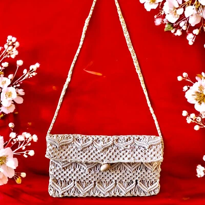 Vintage Macrame Shoulder Handbag Made in Columbia Cream Color Wood Bead flaw - Image 1 of 4