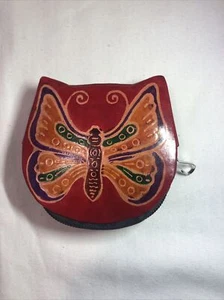 Red Leather Butterfly Coin Purse Colorful Change Pouch Bag Zipper 3"x3" Mariposa - Picture 1 of 5